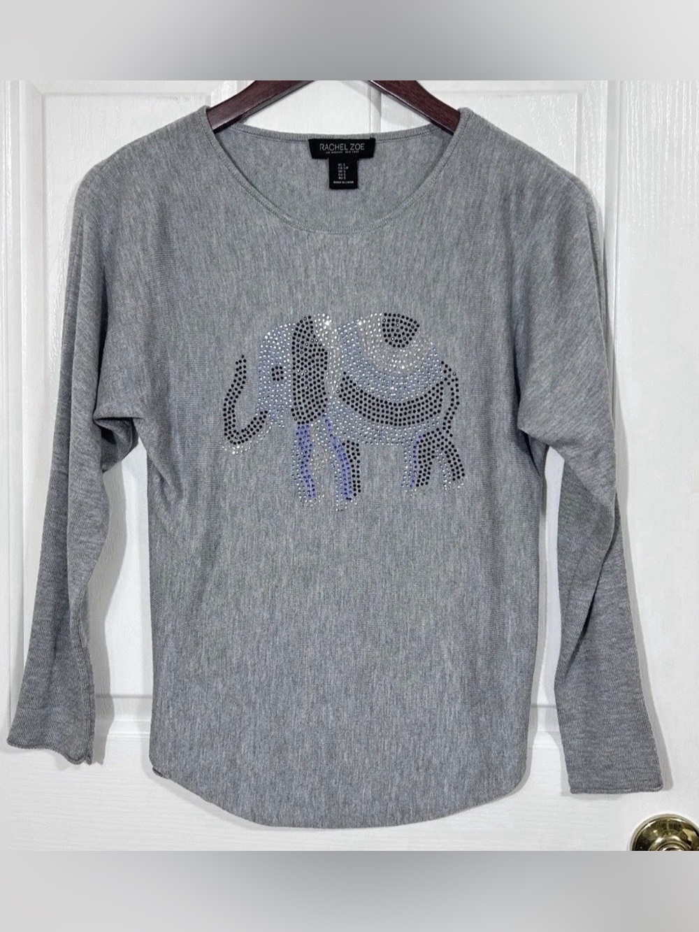 Rachel Zoe Crystal Safari Rhinestone Elephant Gray Knit Sweater Cashmere Blend S